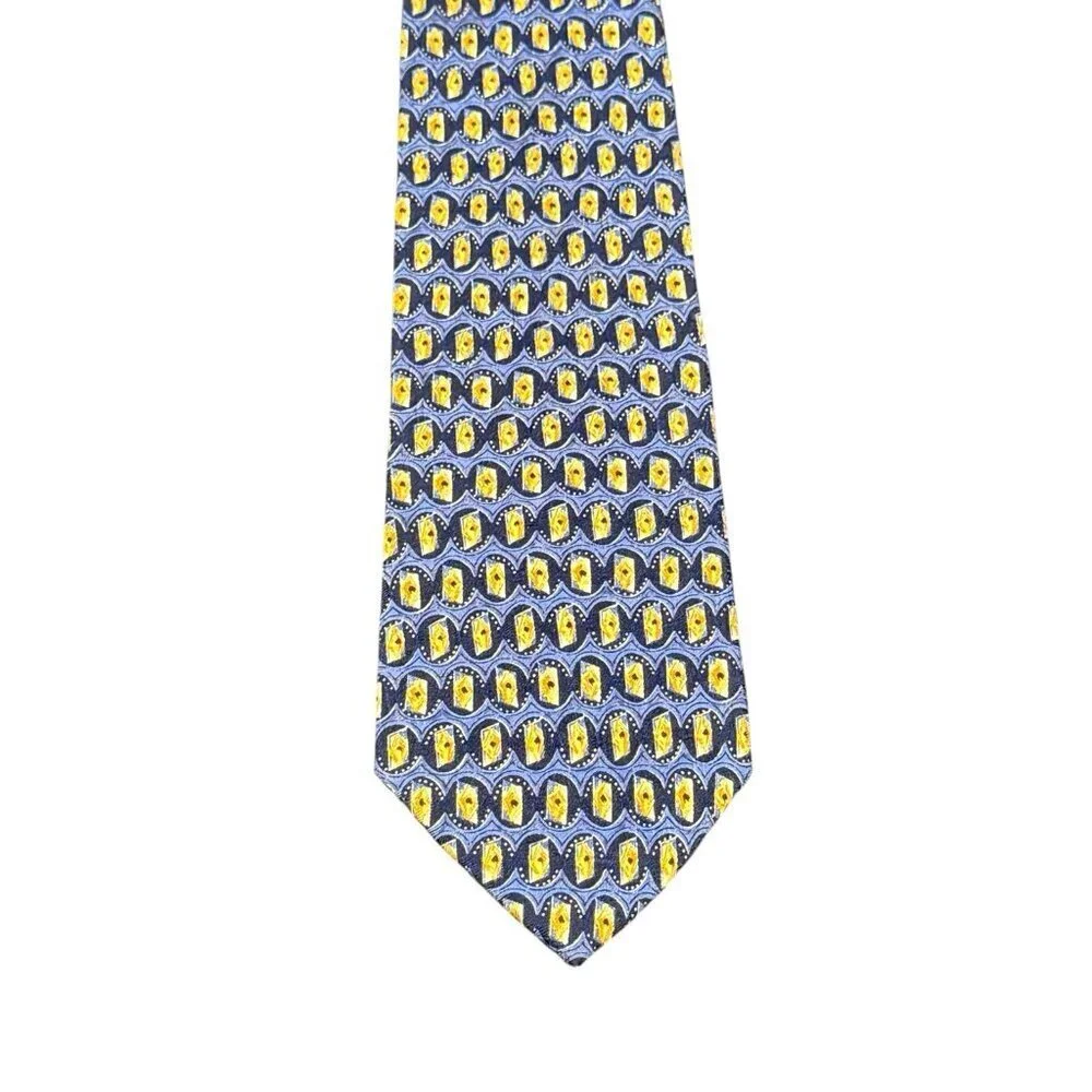 Ermenegildo Zegna Italian Silk Blue And Gold Geometric Mens Neck Tie